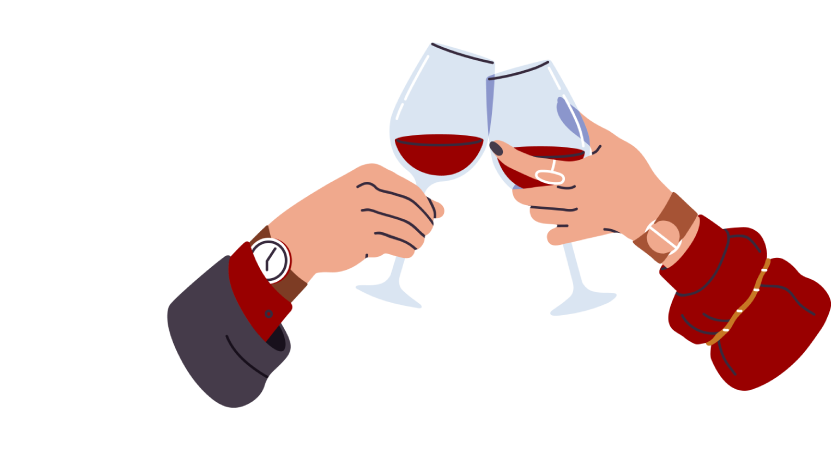 Two animated hands clinking wine glasses 