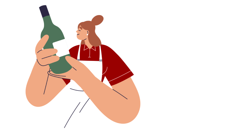 Animated figure inspecting a bottle of wine.